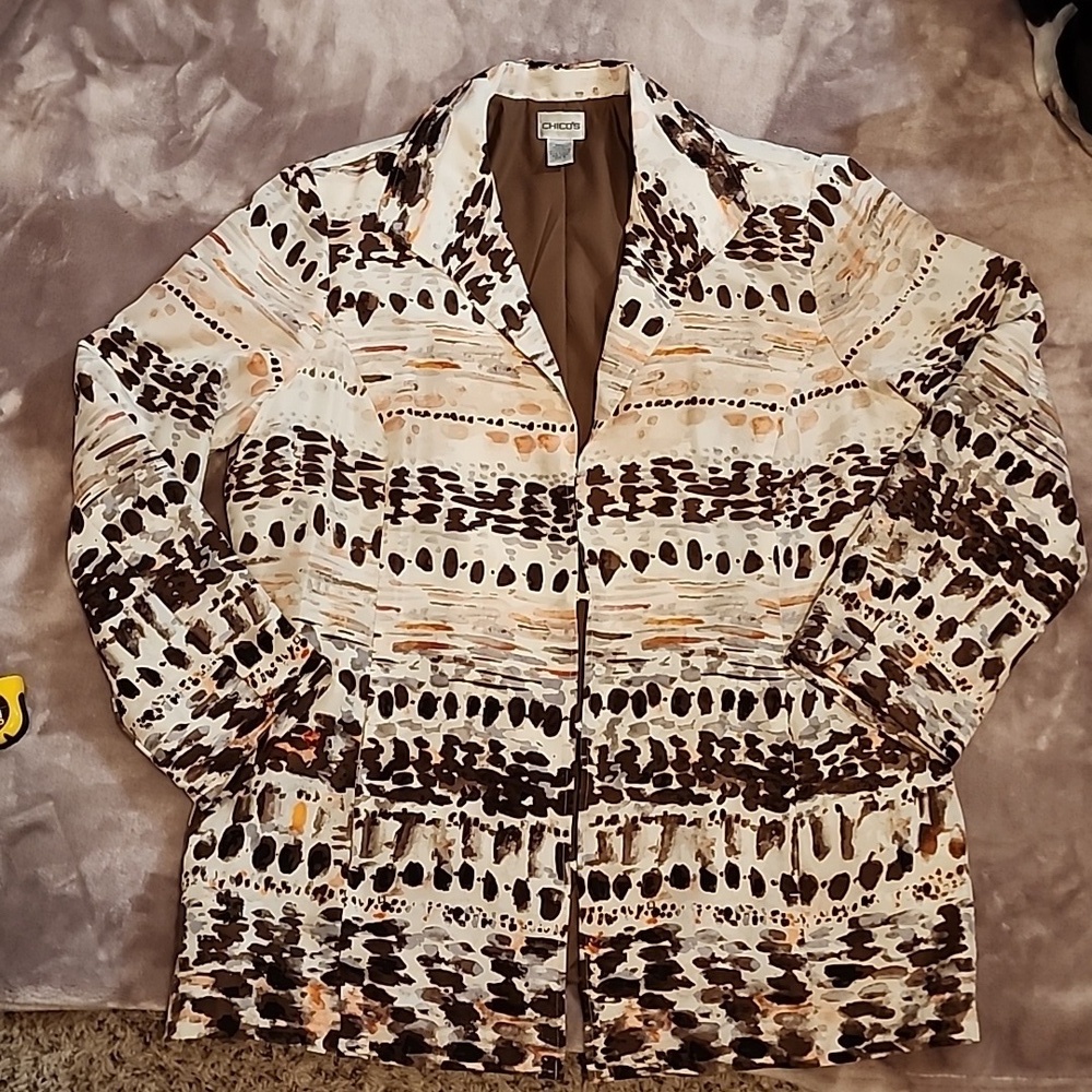 Chicos Womens Tan Striped Colorful 100% Silk Jacket Size 3 Hook and Loop Closure